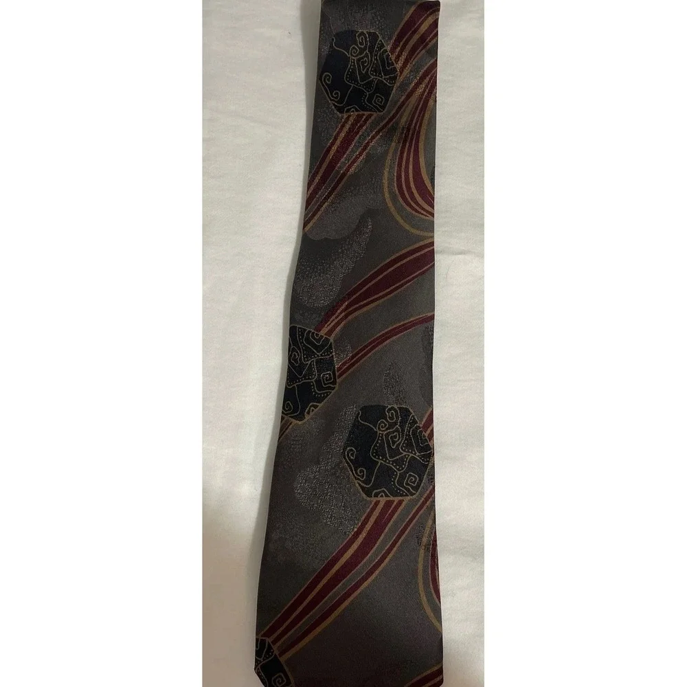 Erreuno Italian Gray Abstract Pattern Tie Burgundy Gold Classy Silk